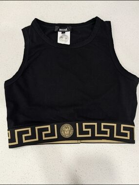Versace Black Crop Top with Gold Greek Key Band